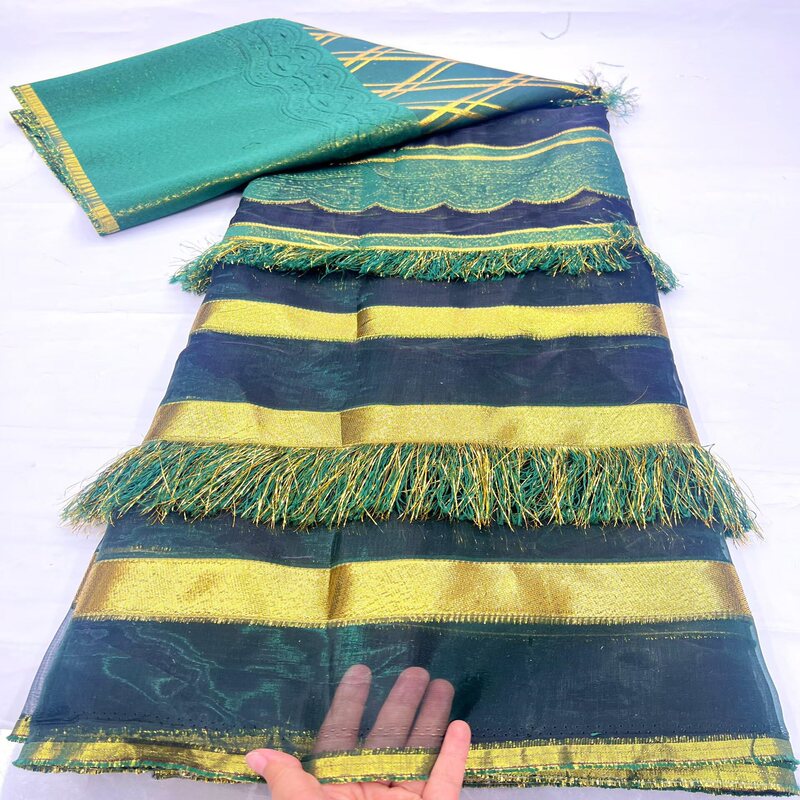 New Style Light Luxury Striped Tassel Brocade Fabric with Green Gold Trim for Dress Materials Wholesale