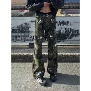 美式潮牌蛇纹迷彩牛仔裤男春季高街痞帅微喇修身显瘦宽松直筒裤子