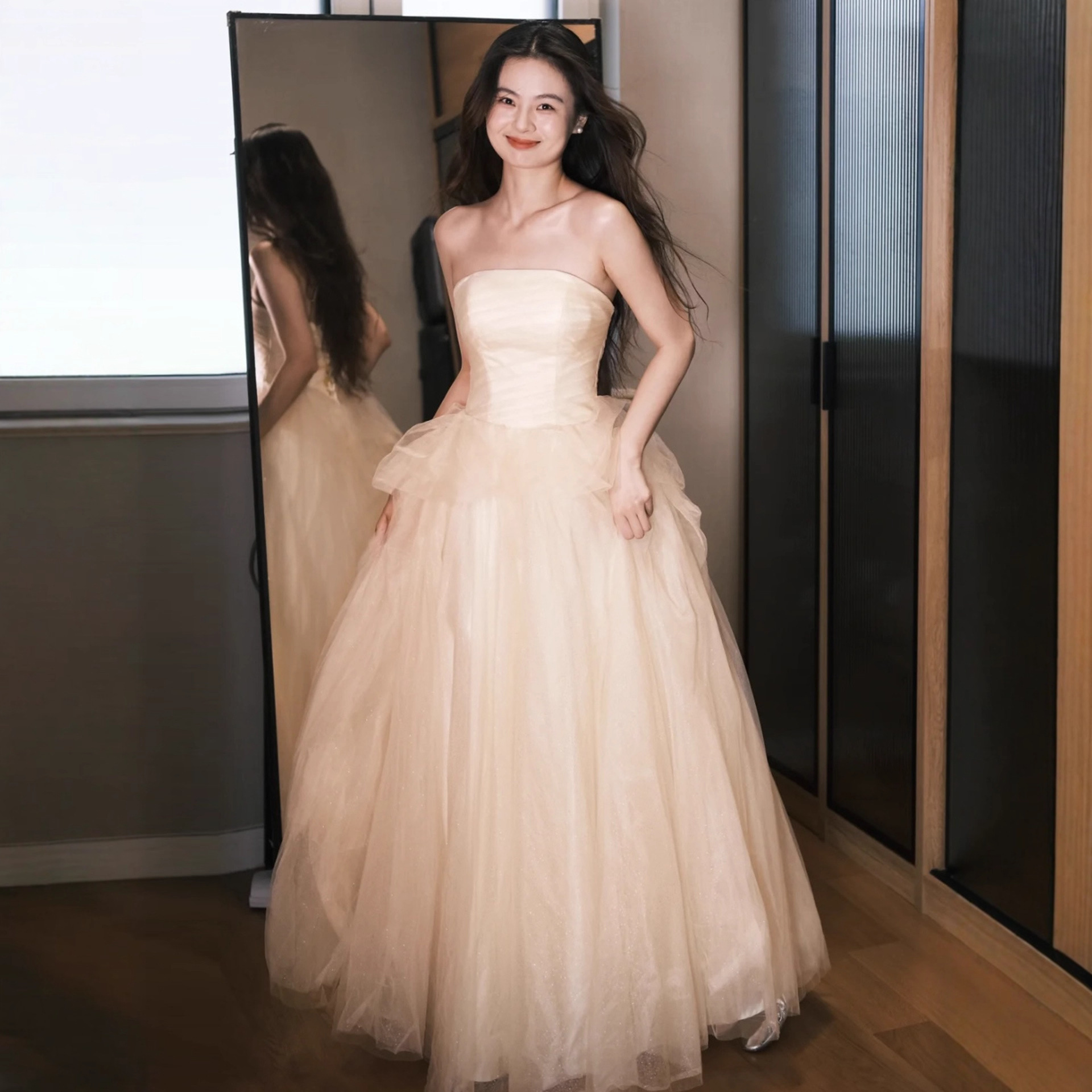 Champagne Color Strapless Evening Dress French-Style Puffy Tulle Birthday Party Long Dress 2025 New Design Dress