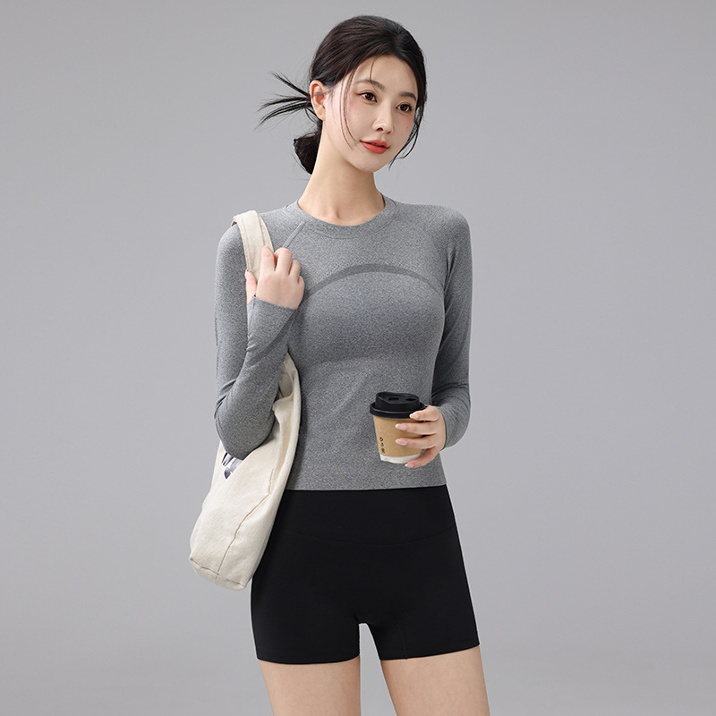 New Autumn and Winter Slim Round Neck Sports Tops for Women Elastic Slimming Look Fitness Long-Sleeved T-Shirts Running Training Yoga Clothes