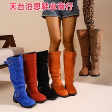 2025外贸欧美时尚秋冬新款现货中跟褶皱女式皮靴西部牛仔中筒女靴