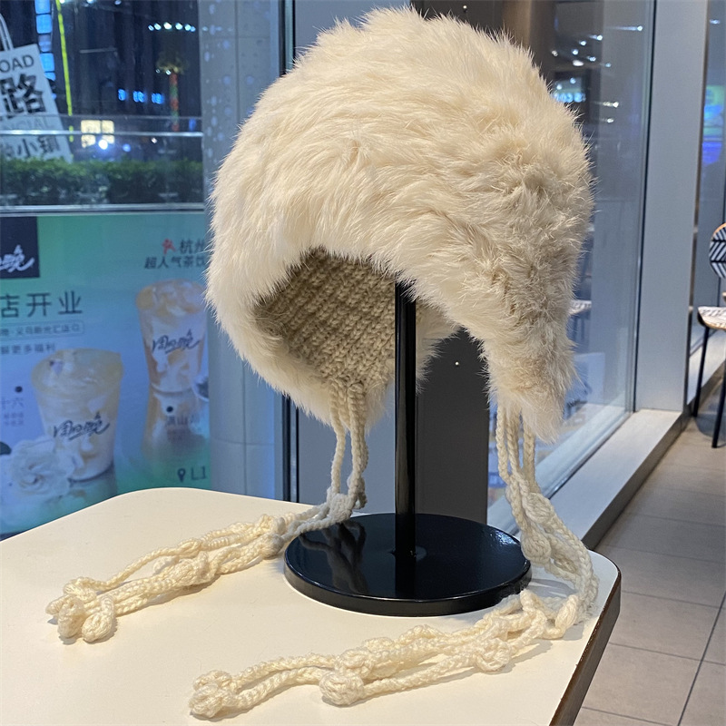 兔毛帽子女冬季加厚保暖流苏辫子套头帽护耳防寒川西旅游雷锋帽子