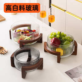 木色架玻璃碗高白料玻璃沙拉碗野餐露营家用酒店自助餐迎宾收纳盘