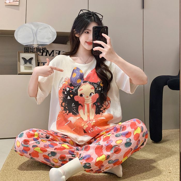Spot al por mayor nubes de algodón con cojín de pecho pijamas de verano para mujeres lindas estudiantes dulces pantalones de mangas cortas ropa para el hogar set