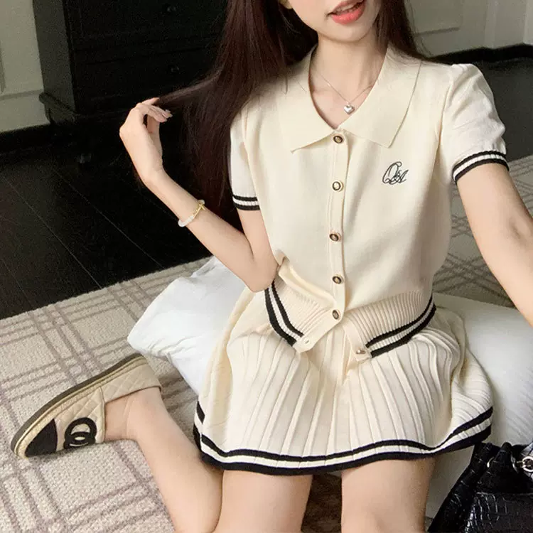 学院风套装短袖POLO领针织衫上衣女时尚减龄百褶短裙半身裙两件套
