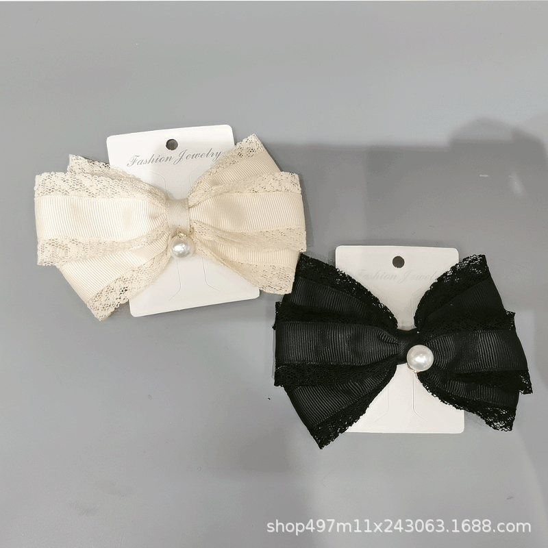 New Lace Double Bow Pearl One-Line Clip Hairpin Simple Fashion Net Red Ladies Hair Accessories Manufacturers Direct Supply details Picture