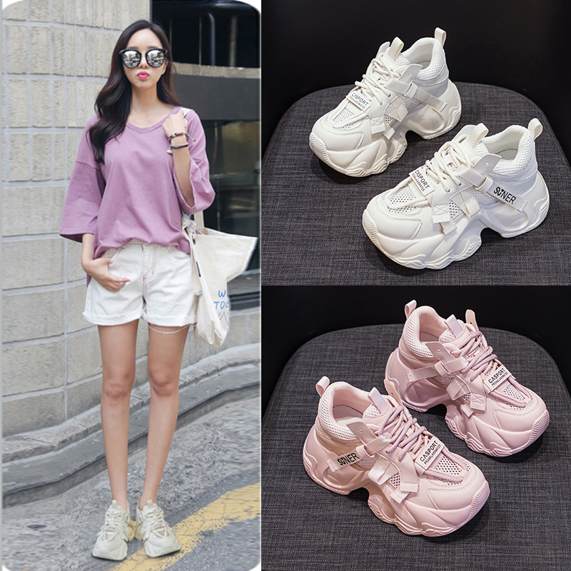 Giày sneaker nữ chunky đế dày tăng chiều cao 8cm, lưới thoáng khí mùa hè — M2572 mbe trắng trong suốt lưới, M2572 lưới trong suốt màu hồng