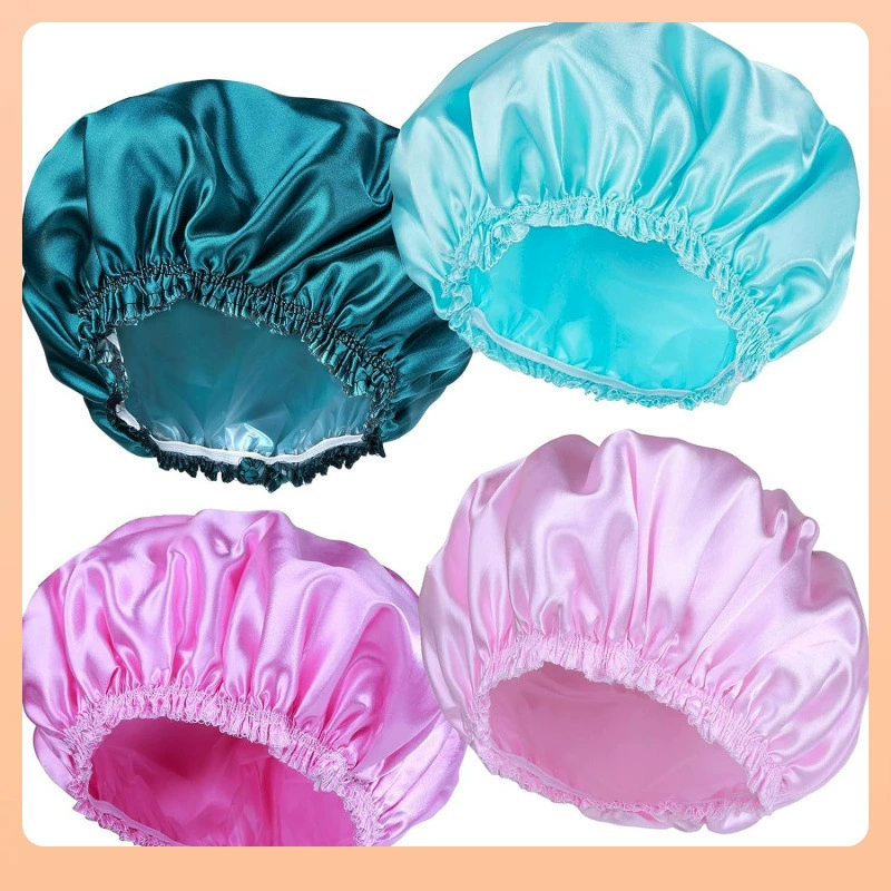 Двухслойная водонепроницаемая шапочка для душа Amazon для женщин, атласная шапочка для душа с длинными волосами, универсальная масляная шапочка, шапочка для ванной комнаты