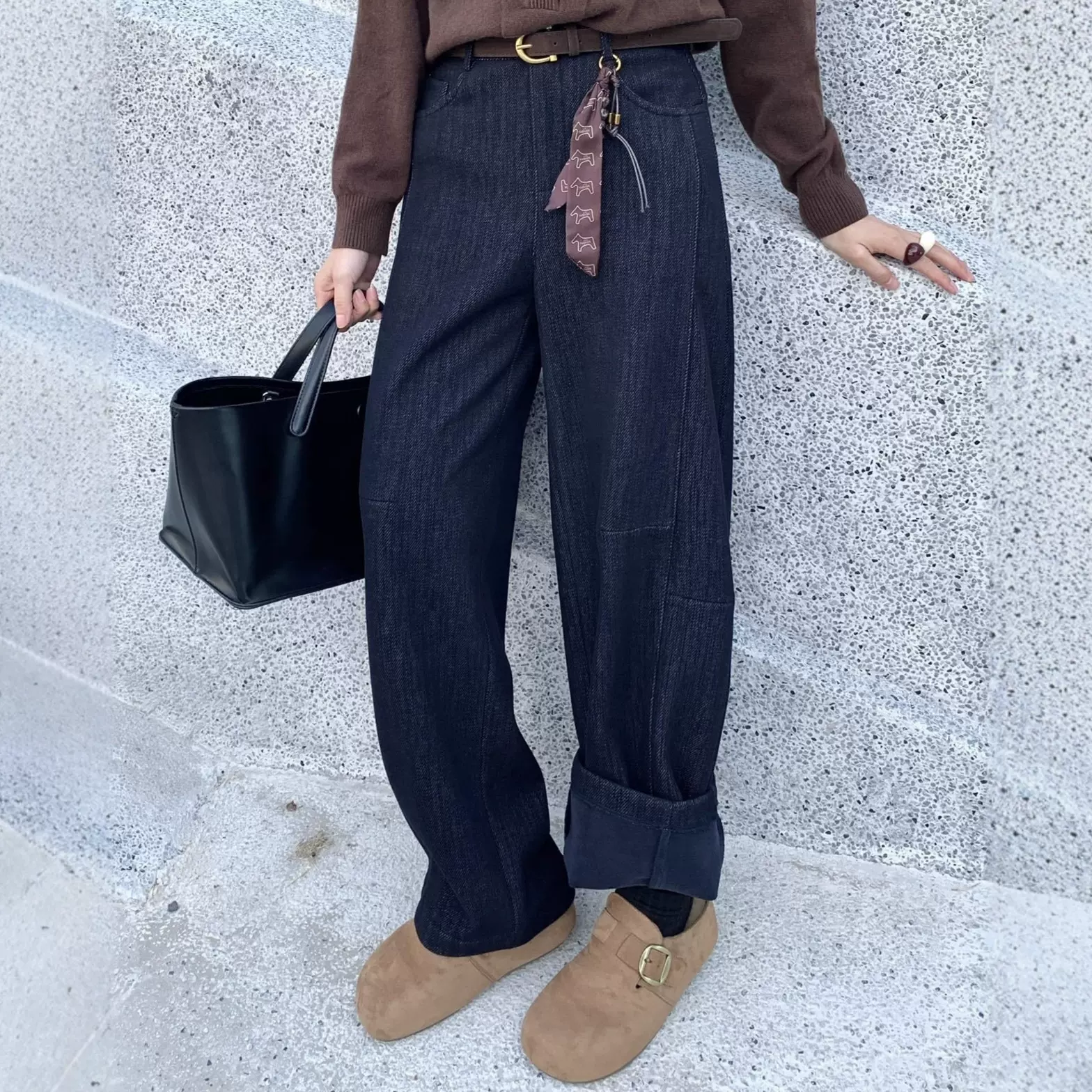 加绒加厚仿牛仔色冬季休闲裤2025女裤新款热卖爆款时尚羊毛弯刀裤