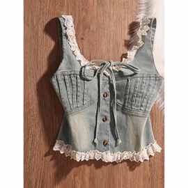 甜酷辣妹蕾丝花边拼接牛仔吊带背心女绑带设计感小众外穿抹胸上衣