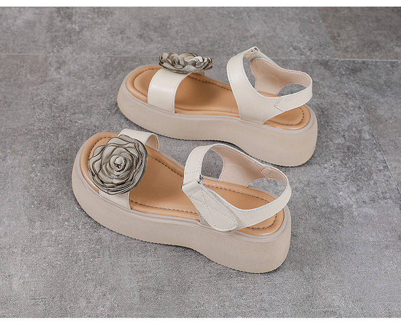 Sandal hở mũi nữ da bò thật đế dày phong cách La Mã cổ điển — Màu trắng be chi tiết 12
