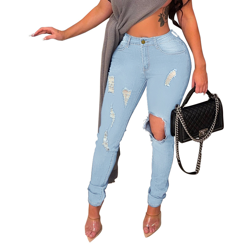 Plus Size Low-Elastic Ripped Jeans NSWL110977