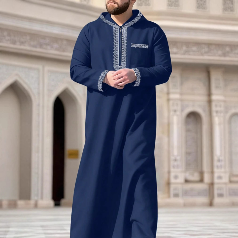 Cross-Border Foreign Trade Men's Robe with Long Sleeves, Embroidered Hooded Design, Loose-Fitting Men's Long Shirt, Holiday Dress