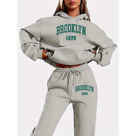 跨境欧美外贸新款女装潮流休闲的宽松连帽卫衣套装印花中女式大码