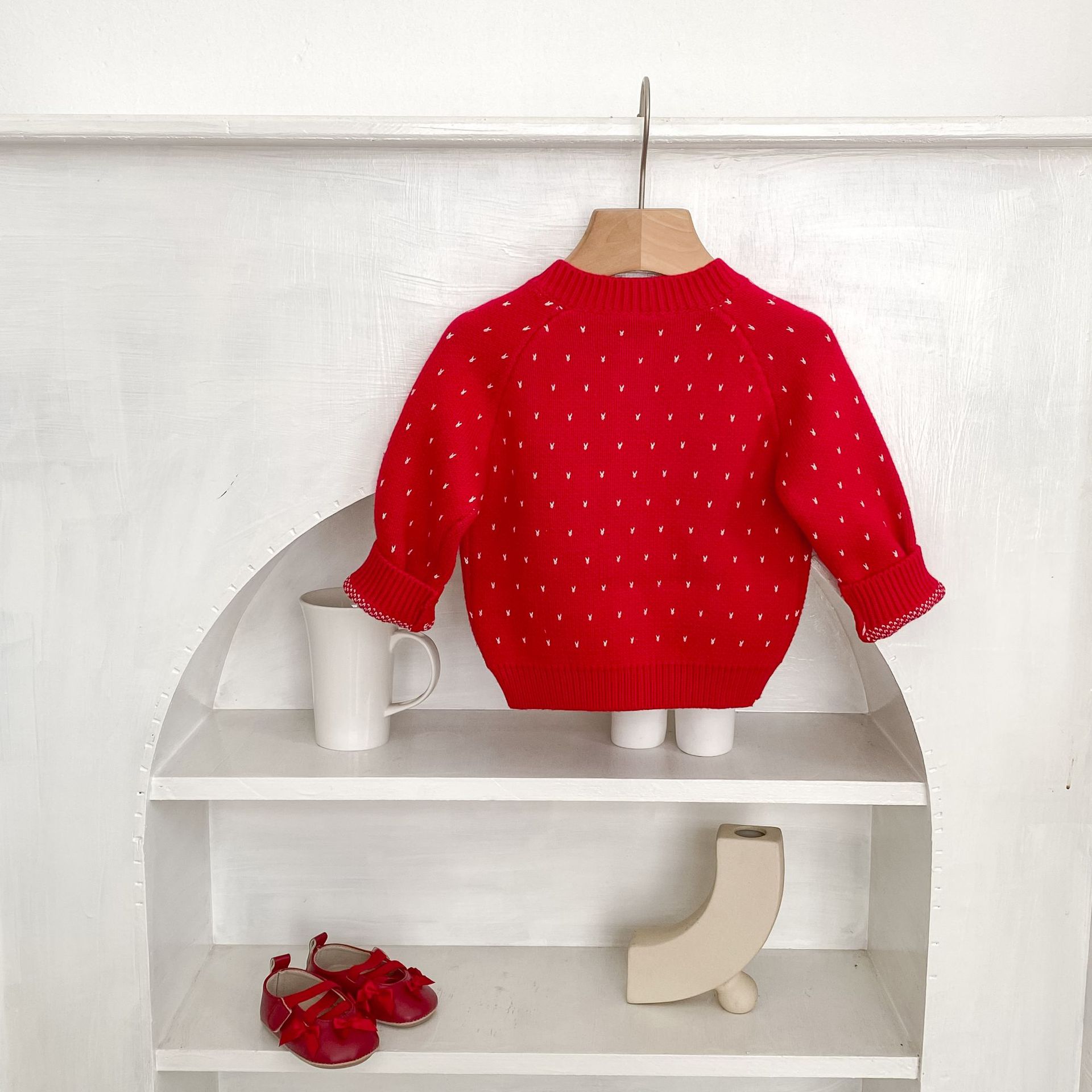 Autumn Children's Fashionable Sweet Baby Girl's Jacquard Red Knitted Coat Cardigan