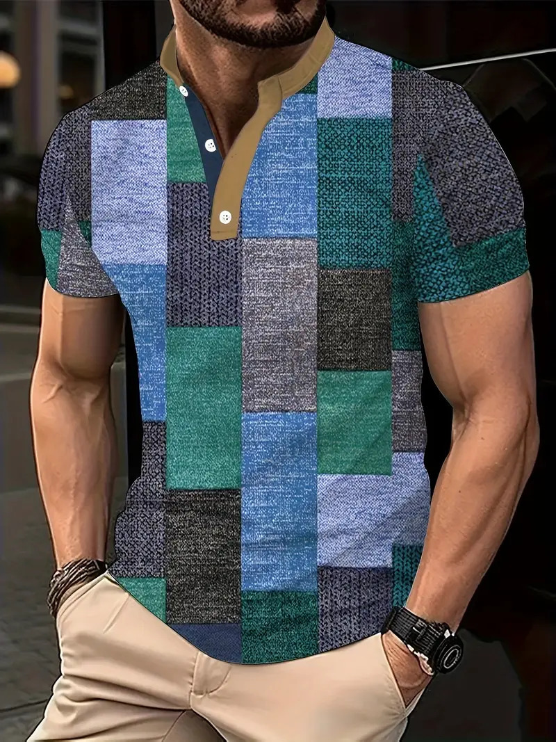 Nuevo estilo transfronterizo de verano 3d geométrico cubo estampado cuello alto botón de manga corta polo playa casual ME13