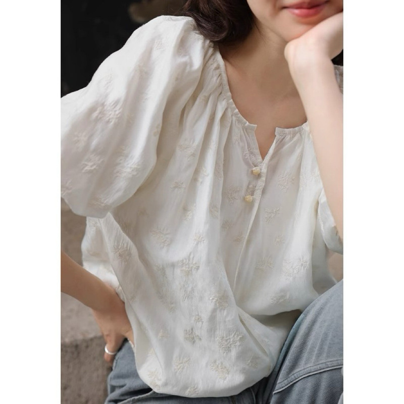 French exquisite crochet flower! 90% Cool Tencel Lantern Sleeve Short-sleeved Chiffon Top Summer Blouse