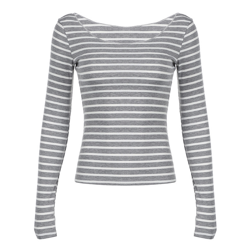 ヨーロッパとアメリカのシンプルなストライプのコントラストカラーの女性用長袖Tシャツ、クロスボーダーワンショルダーベーシック多用途スリムフィットボトムストップ|undefined