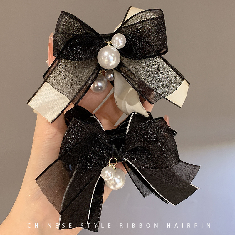 優雅氣質鯊魚夾夏季高端髮夾後腦勺盤發女新款網紗蝴蝶結珍珠抓夾