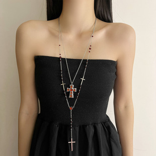 Retro Punk Stacked Red Cross Necklace for Women, Sweet and Cool Sexy Stylish Clavicle Chain Niche Long Necklace Trend