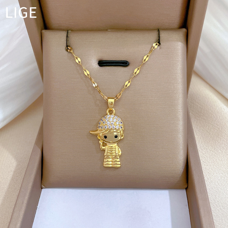 [Titanium Steel] Hat Boy Zircon Light Luxurious Temperament Gorgeous Full Diamond Necklace Women's Easiest for Match Clavicle Chain Titanium Steel Chain