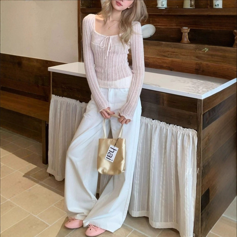 8Uioo Yunying Pink and White Pink Hollow Knitted Sweater Women's 2025 Early Autumn New Long Sleeve Slim Thin Top