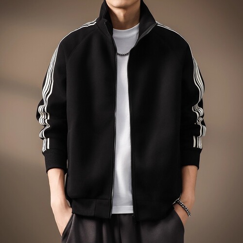 High-end cardigan and hoodie men's 2026 autumn new American fashion brand stand-neck jacket striped sports casual coat for men