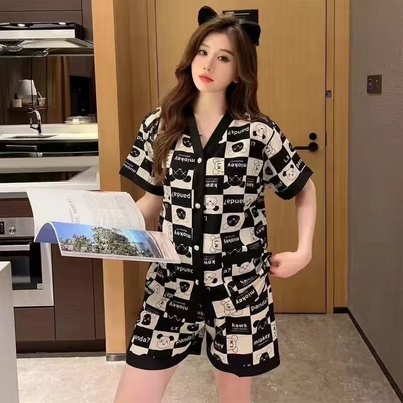 Violent Bear Pajamas Women's Summer Short-Sleeved Thin Ice Silk Two-Piece Set 2025 New Large Size Women's Summer Home Clothes