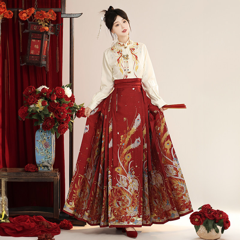 Zhīyǔtáng【Fèngláií】Original Hanfu Ming-Style Gold-Woven Imitation Floral Pattern Mamian Skirt New Chinese-Style Wedding Attire Toast Dress Zhīyǔtáng【Fèngláií】Original Hanfu Ming-Style Gold-Woven Imitation Floral Pattern Mamian Skirt New Chinese-Style Wedding Attire Toast Dress