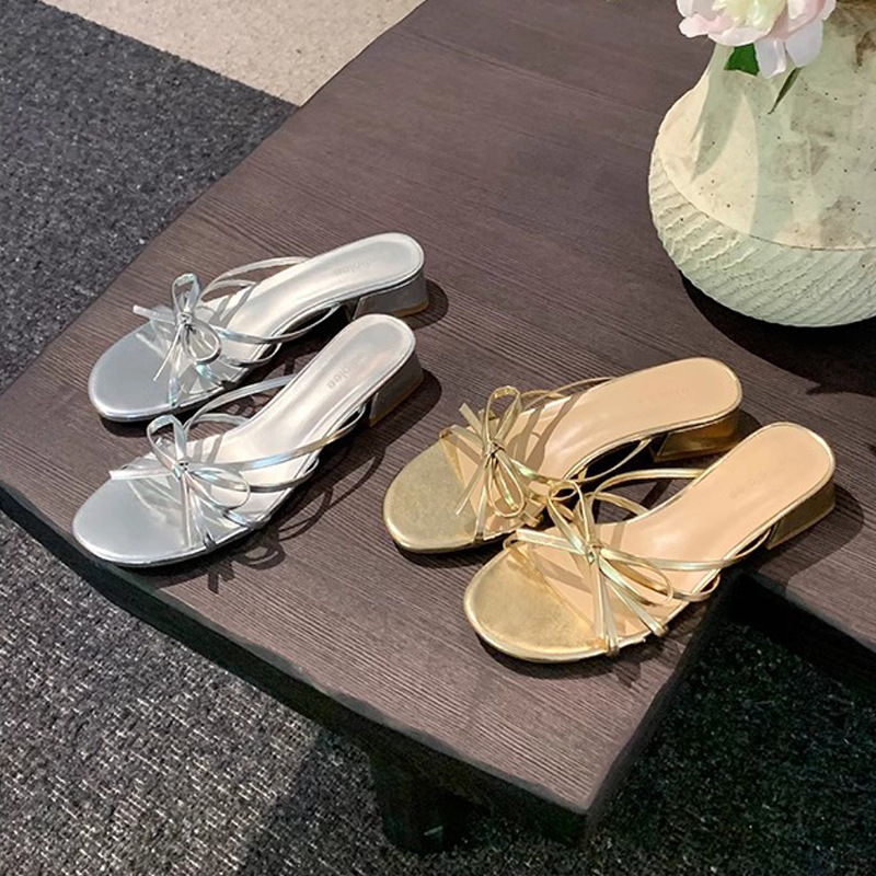 Madre de uva ~ arco dulce francés variedad de tacones gruesos de dedos descubiertos zapatillas romanas de verano para mujeres