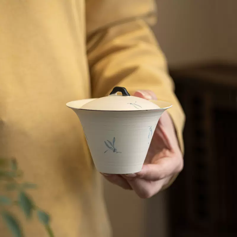 纯手绘粉引蝴蝶兰清然盖碗功夫泡茶器家用不烫手陶瓷茶具中式