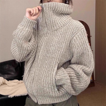 韩系复古粗毛线拉链高领厚毛衣外套女秋冬高级感慵懒宽松针织开衫