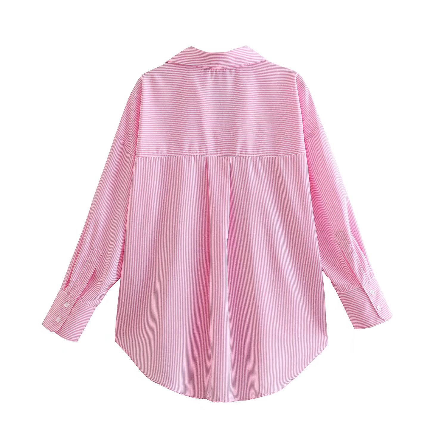 pink striped lapel single-breasted poplin blouse  NSAM123245