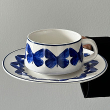 三秋Sanq复古手绘青花色蝴蝶咖啡杯碟中古风下午茶拿铁杯小众礼物