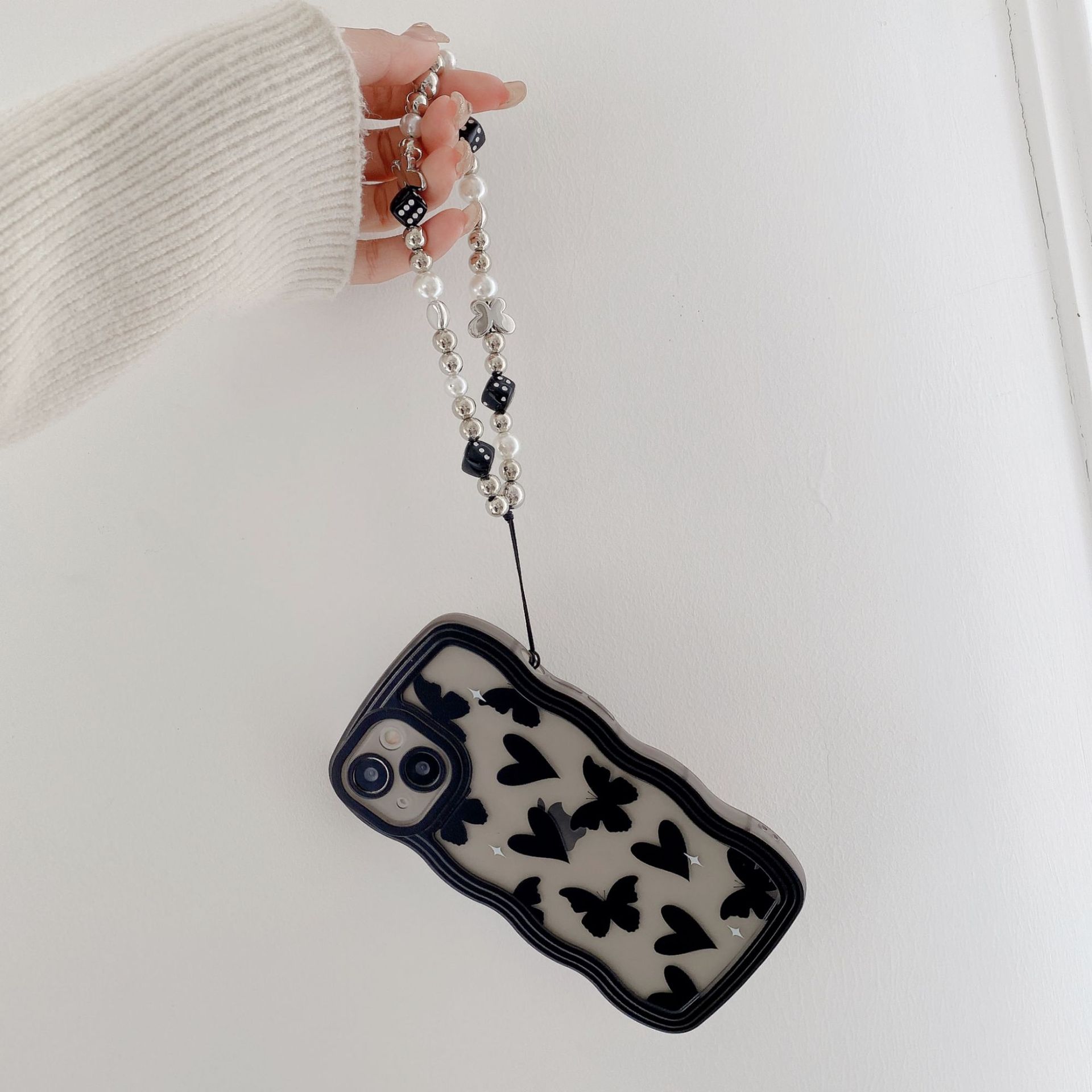 Adatto per cubo di cristallo galvanico braccialetto d'amore custodia per cellulare accessori ciondolo fiocco di perle bianche catena universale_voghion.com