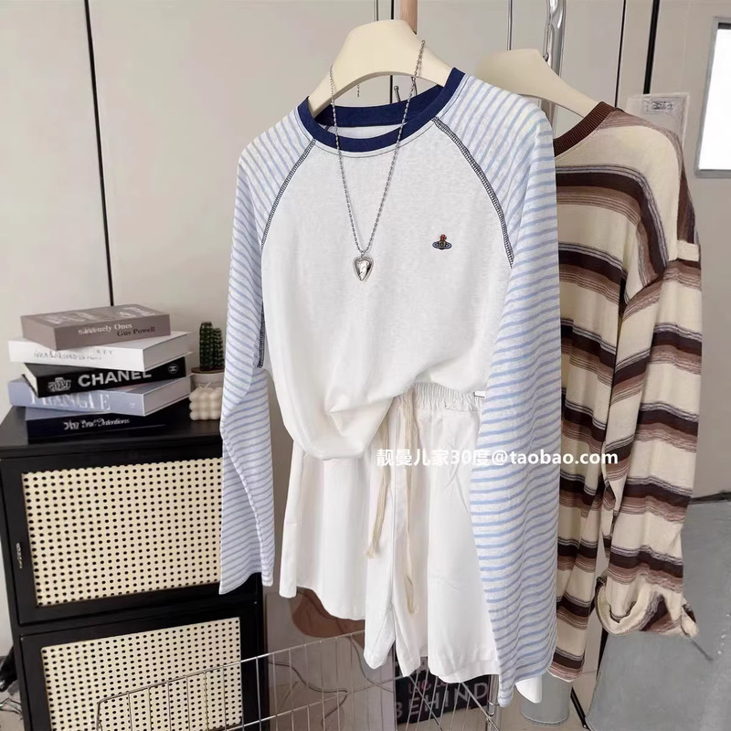 120kg Raglan Striped Long-Sleeve T-Shirt for Women, New Summer Style, Thin and Breathable, Unique Design, Tencel Sun Protection Cover-Up