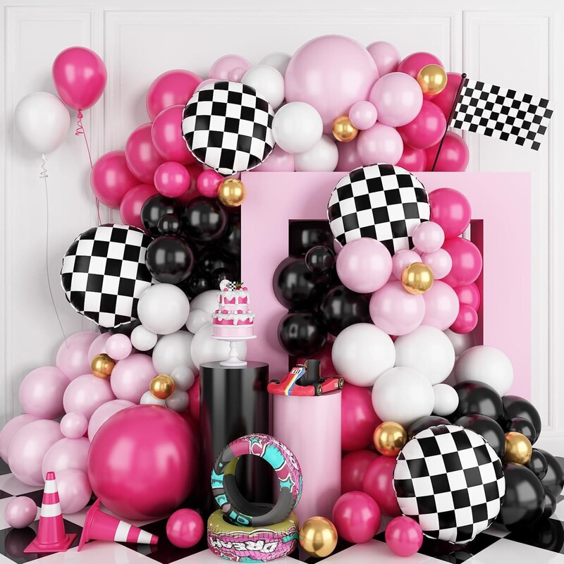 Pink Balloon Arch with Black and White Checkered Balloon Garland Suitable for Children's Girls' Racing-Themed Party Decorations Pink Balloon Arch with Black and White Checkered Balloon Garland Suitable for Children's Girls' Racing-Themed Party Decorations