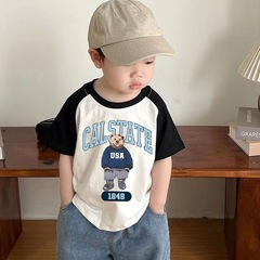 Cotton Children's Short Sleeve Summer T-shirt with Bear Cartoon Print - 2024 New Arrival Unisex Children's Casual Hoodless Top T