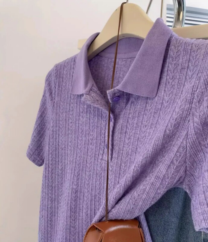 Áo thun polo nữ tay ngắn phong cách Hàn Quốc, chất liệu lạnh mùa hè, form vai vuông, màu tím — màu đen chi tiết 2