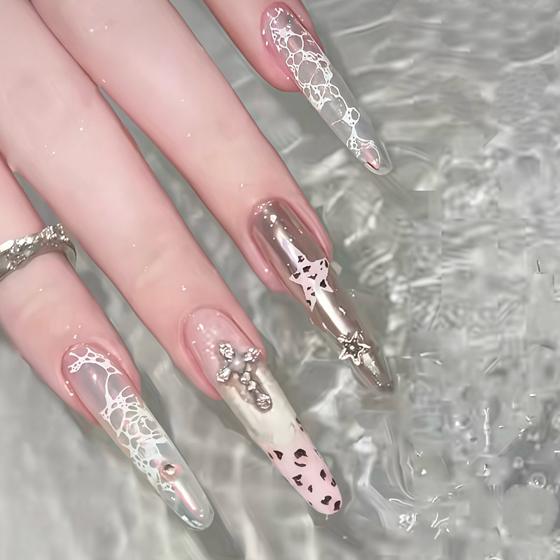 Light pink rough pink cat-eye lace leopard print French press-on nails, Chrome Hearts long almond Shibuya hot girl nail patches Light pink rough pink cat-eye lace leopard print French press-on nails, Chrome Hearts long almond Shibuya hot girl nail patches