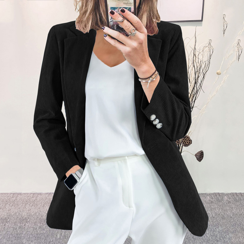 Blazer 2023 Autumn and Winter New European and American Cross-Border Elegant Slim Pure Color Casual Cardigan Corduroy Jacket for Women Blazer 2023 Autumn and Winter New European and American Cross-Border Elegant Slim Pure Color Casual Cardigan Corduroy Jacket for Women