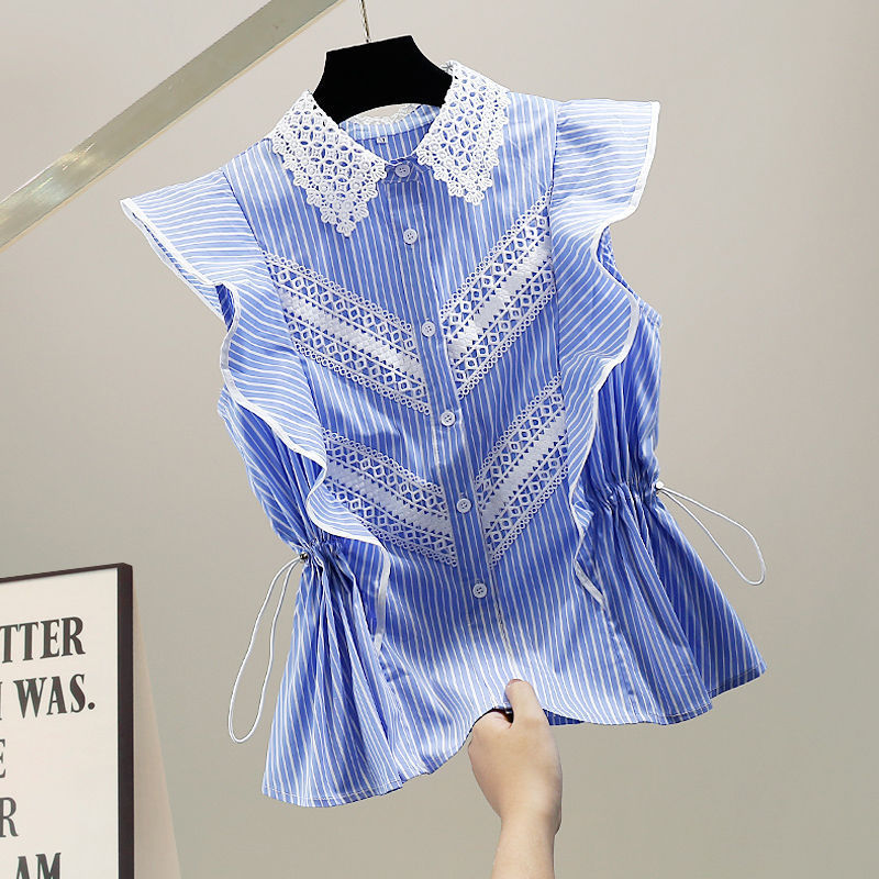 Spot heavy industry hollow lace lace contrast drawstring waist ruffled sleeveless shirt fashion striped vest