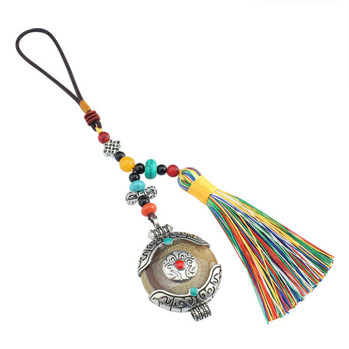 Retro Ethnic Creative Tibetan Alloy Car Ornament with Tassels, Car Air Freshener, Scenic Area Gift, Decorative Hanging Accessory