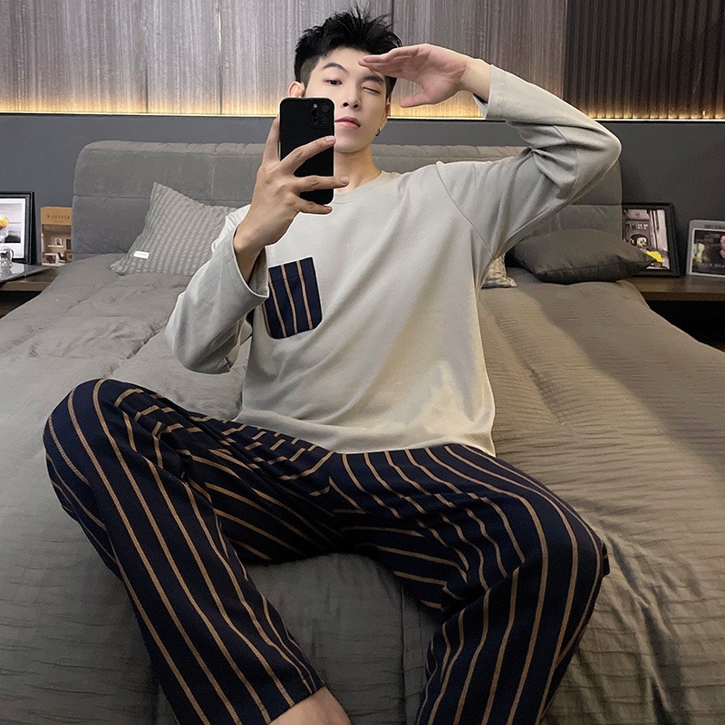 남성 봄, 가을 잠옷 새로운 긴팔 바지 정장 고가 캐주얼 스포츠 대형 사이즈는 집 밖에서도 입을 수 있습니다