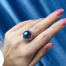仿天然海水大溪地黑珍珠镀18k镶钻戒指活口指环正圆强光优雅女戒