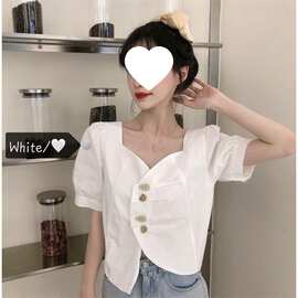 不规则领短款白衬衫女士设计感小众夏装2026新款泡泡短袖上衣服