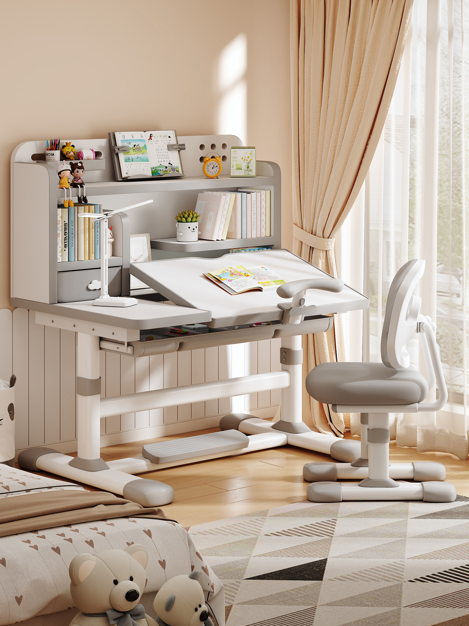 Children's Study Table Desk Liftable Desk Bookcase Integrated Primary School Student Writing Desk Table and Chair Set