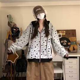 美式春秋季休闲星星满印灰色连帽卫衣女宽松休闲拉链开衫外套帽衫