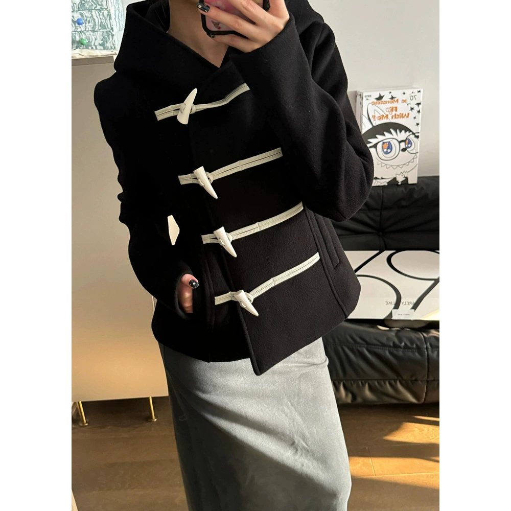 [Clearout No Returns/Exchanges] Женская шерстяная куртка с коротким капюшоном и пуговицей из 100% шерсти в колледжском стиле Нанью