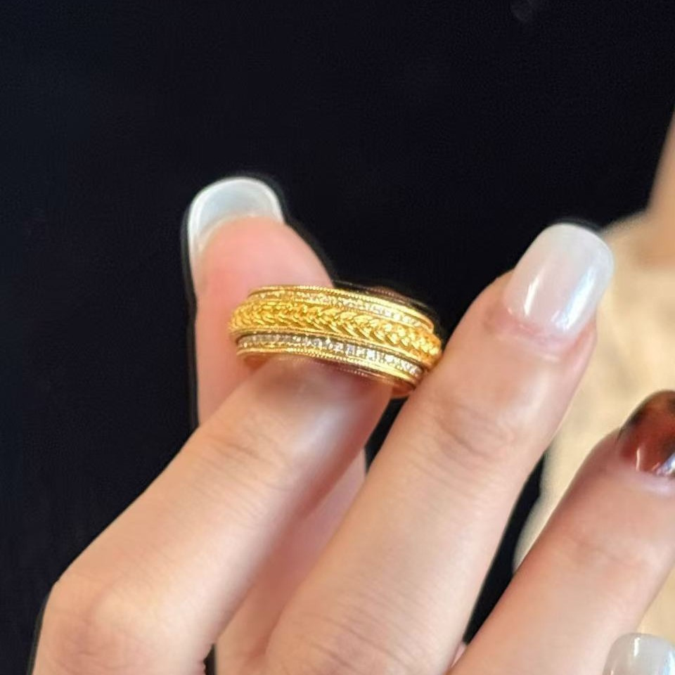 Antiker Ring Mit Gebürstetem Gold Weizenähre Und Diamanten_voghion.com
